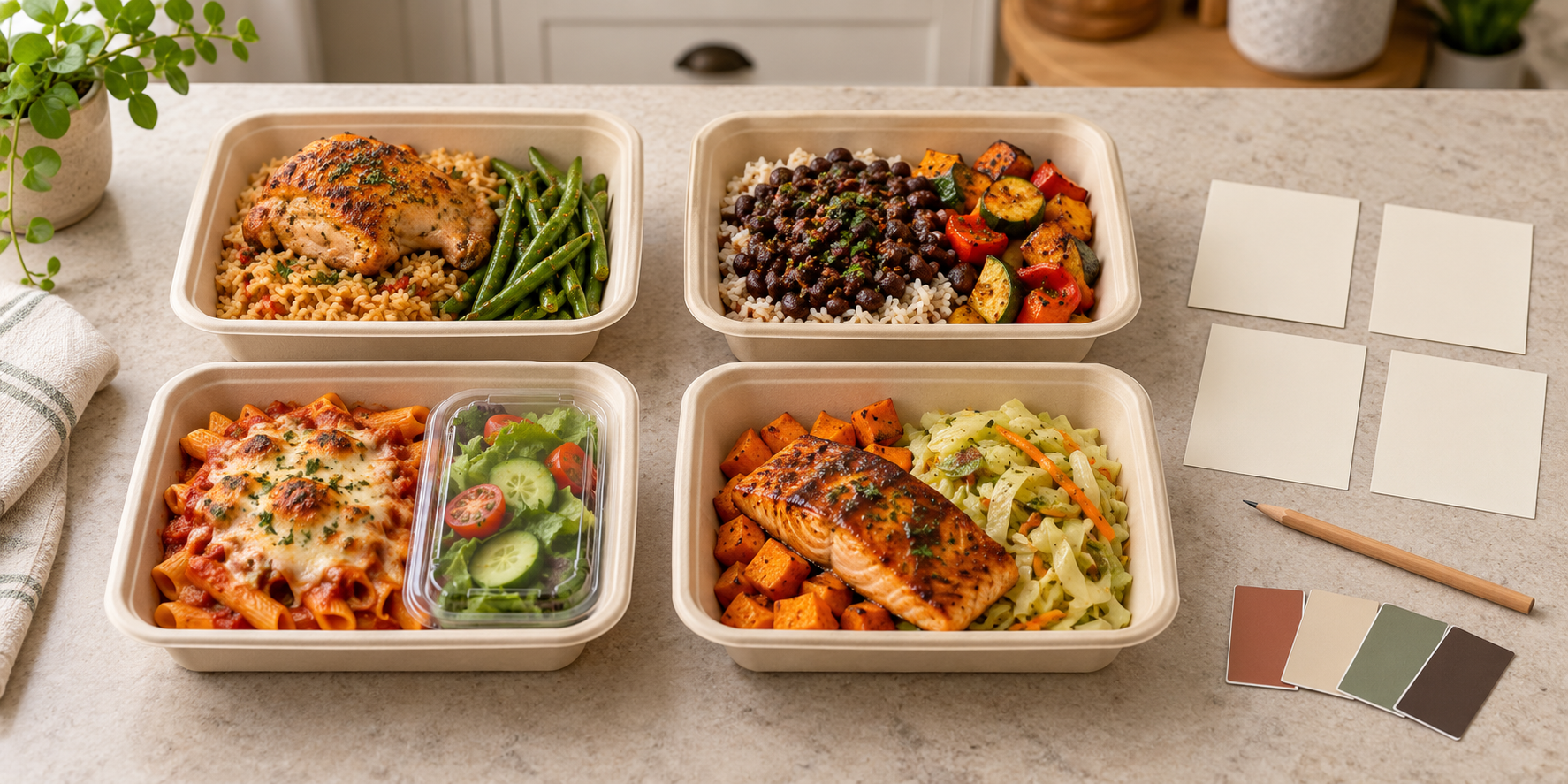 Four different cooked takeout meal concepts beside blank selection cards and muted color swatches on a kitchen counter.