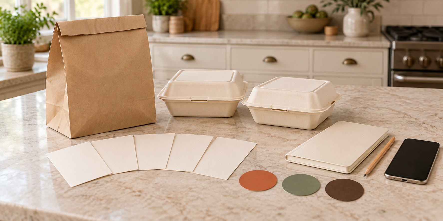 Blank name cards, color swatches, sealed meal containers, a kraft bag, notebook, pencil, and phone arranged on a kitchen counter.