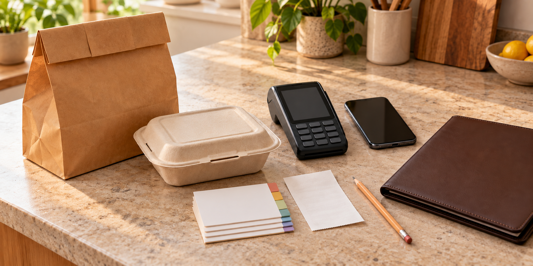 A sealed takeout order beside a payment terminal, phone, receipt, and neatly stacked blank evidence cards on a desk.