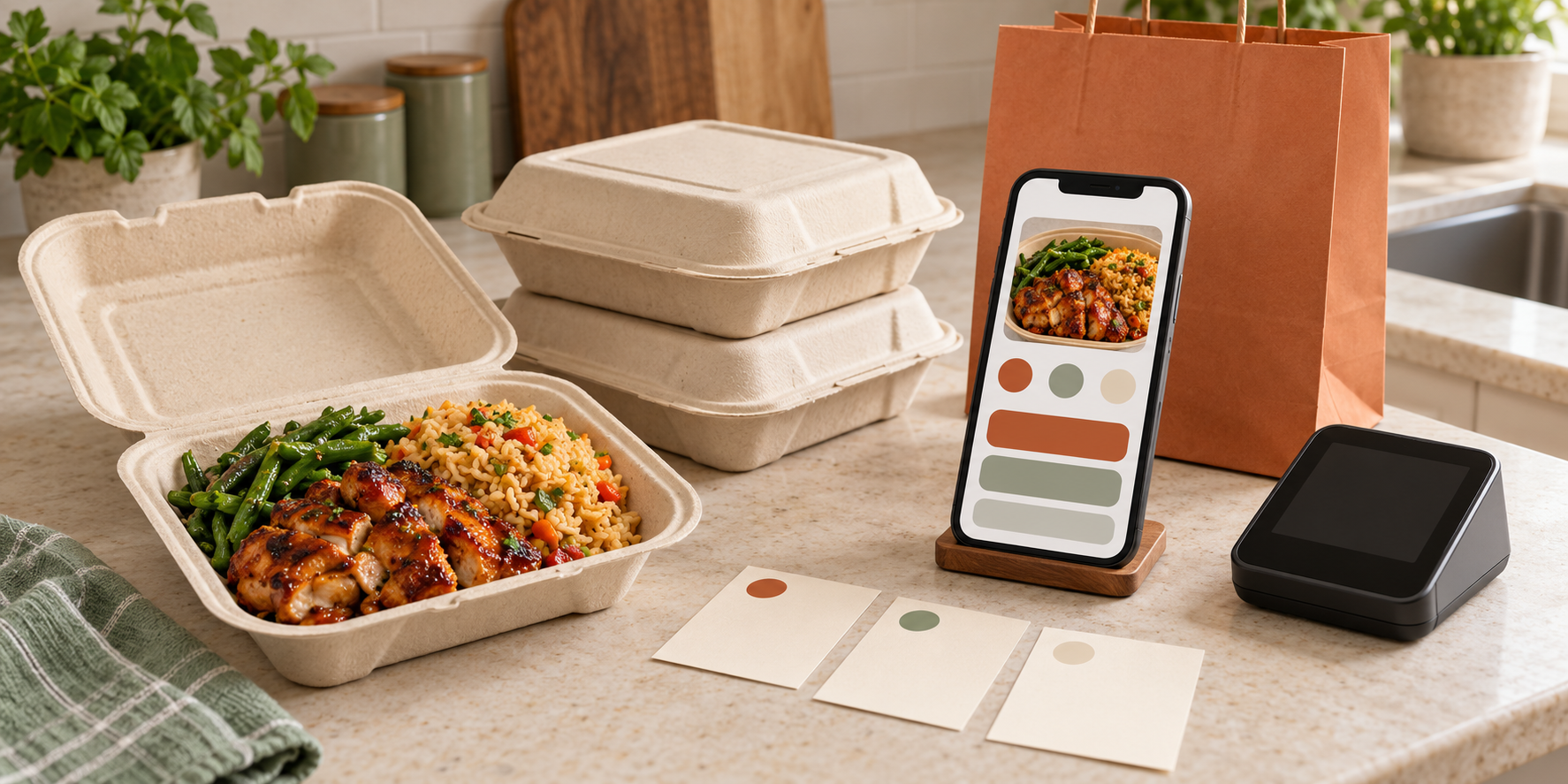 A cooked takeout meal, matching closed orders, a phone with a text-free ordering screen, card reader, and blank order cards on a kitchen counter.