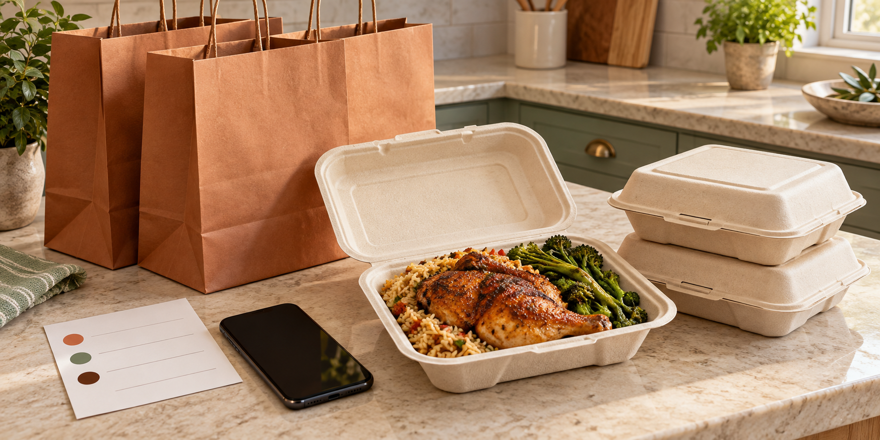 Matching takeout meals, pickup bags, a blank order card, and a phone arranged for a limited plate sale.